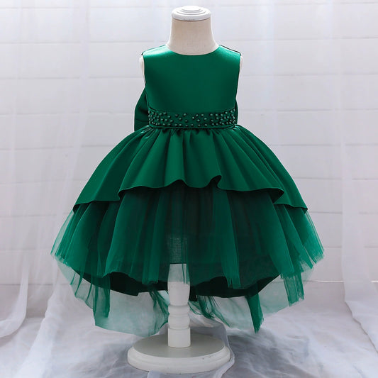 Princess Green Satin Bow / Tie Back Baptism Beaded Tea Length Sleeveless Round Flower Girl Dress