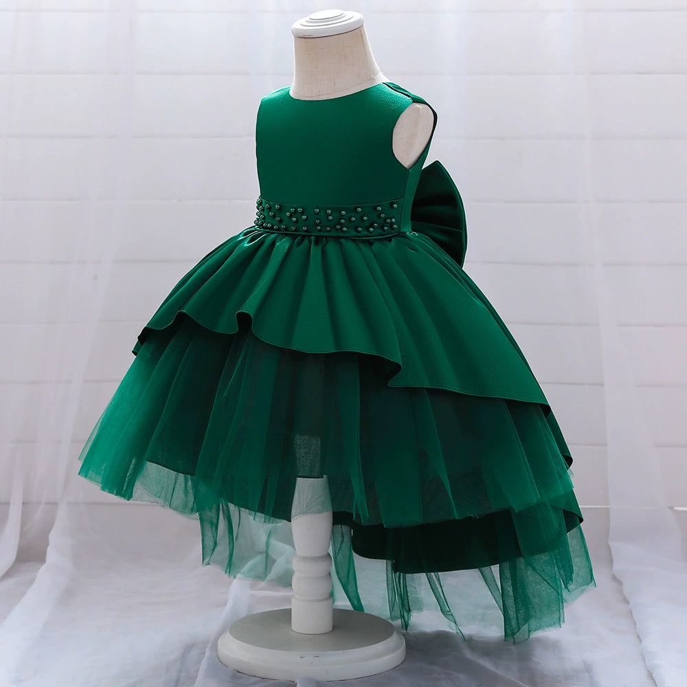 Princess Green Satin Bow / Tie Back Baptism Beaded Tea Length Sleeveless Round Flower Girl Dress