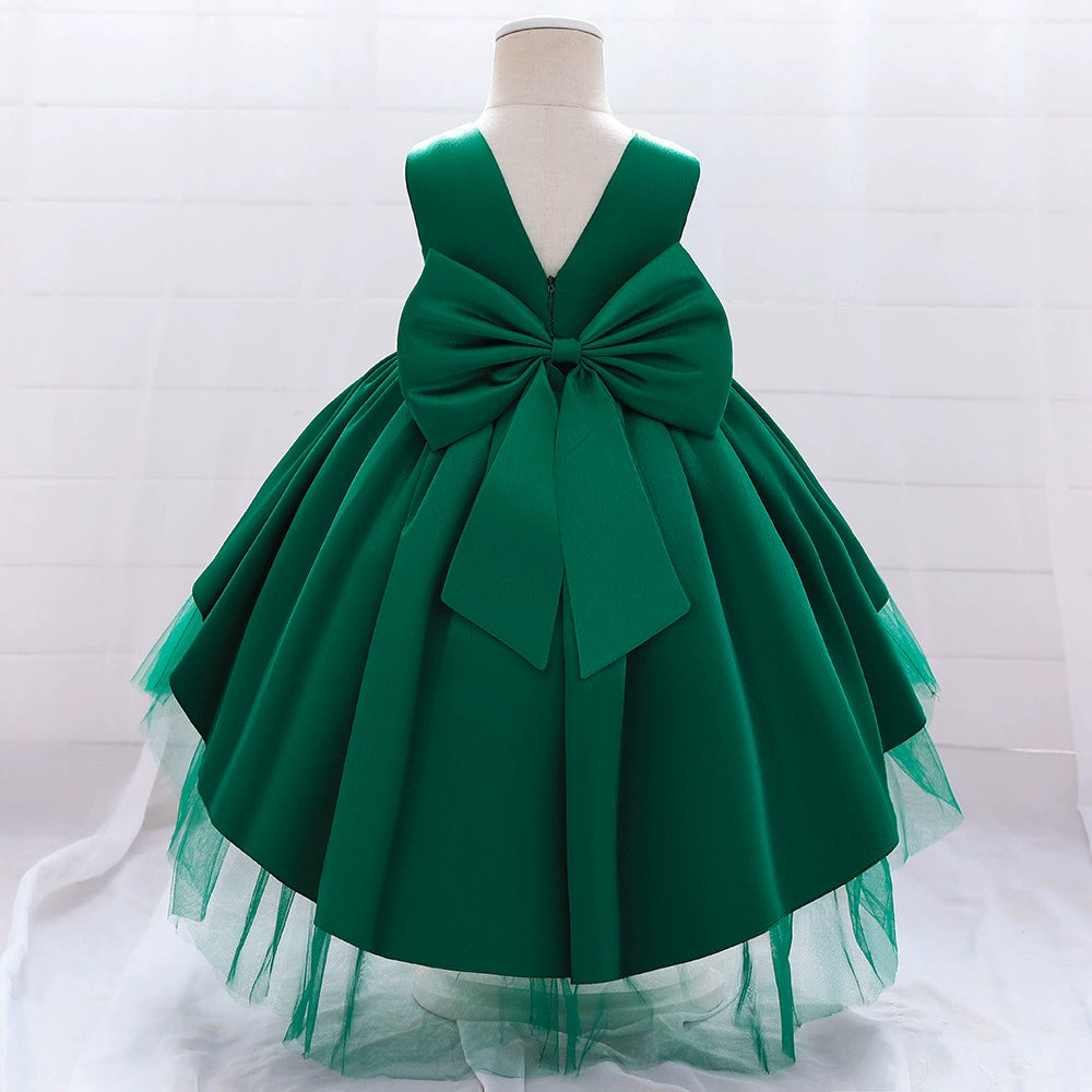 Princess Green Satin Bow / Tie Back Baptism Beaded Tea Length Sleeveless Round Flower Girl Dress