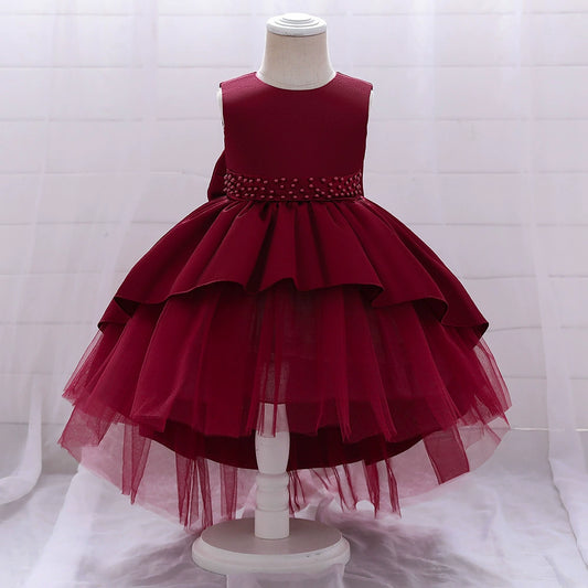 Princess Burgundy Satin Bow / Tie Back Baptism Beaded Tea Length Sleeveless Round Flower Girl Dress