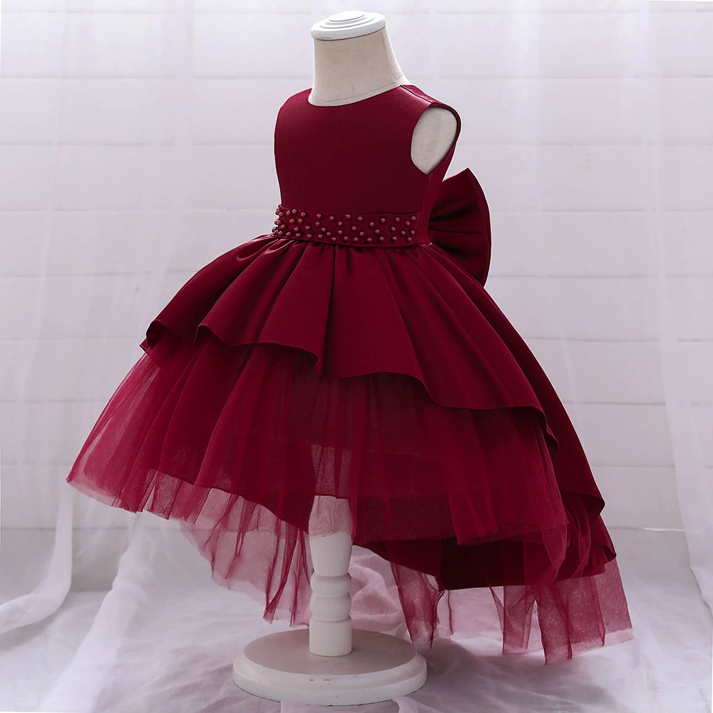 Princess Burgundy Satin Bow / Tie Back Baptism Beaded Tea Length Sleeveless Round Flower Girl Dress