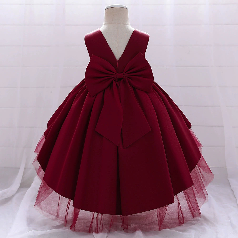 Princess Burgundy Satin Bow / Tie Back Baptism Beaded Tea Length Sleeveless Round Flower Girl Dress