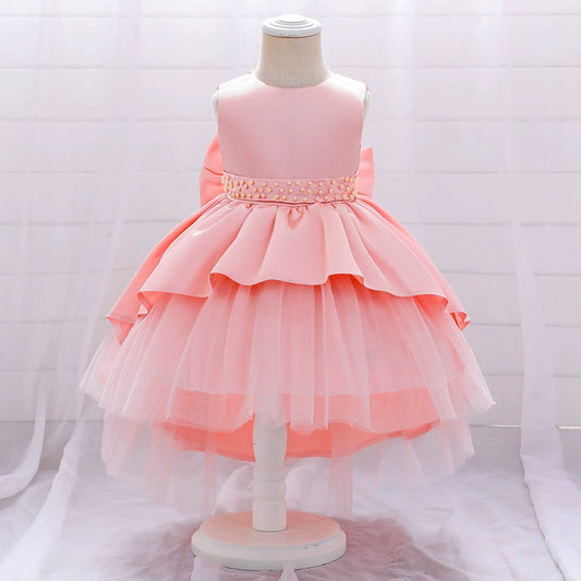 Princess Pink Satin Bow / Tie Back Baptism Beaded Tea Length Sleeveless Round Flower Girl Dress