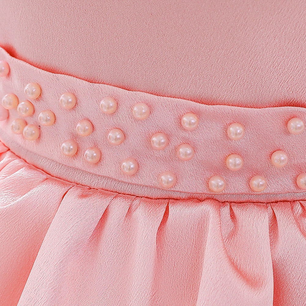 Princess Pink Satin Bow / Tie Back Baptism Beaded Tea Length Sleeveless Round Flower Girl Dress