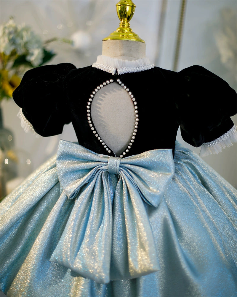 Princess Black Satin Bow / Tie Back Baptism Bow(s) Short Sleeve Puff Sleeve Mock Neck Flower Girl Dress