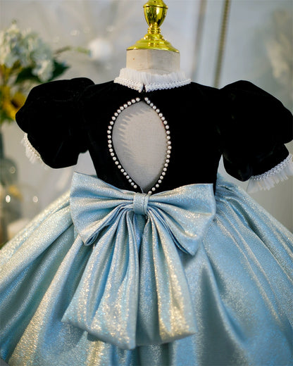 Princess Black Satin Bow / Tie Back Baptism Bow(s) Short Sleeve Puff Sleeve Mock Neck Flower Girl Dress