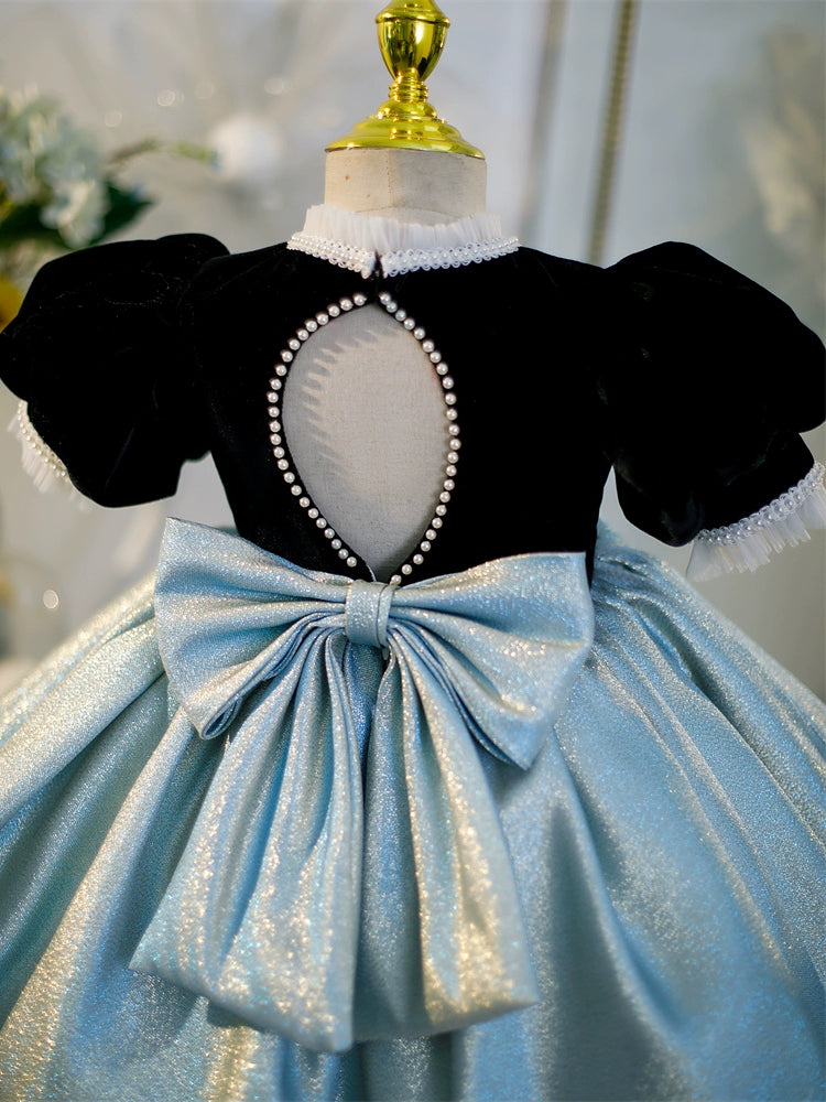 Princess Black Satin Bow / Tie Back Baptism Bow(s) Short Sleeve Puff Sleeve Mock Neck Flower Girl Dress