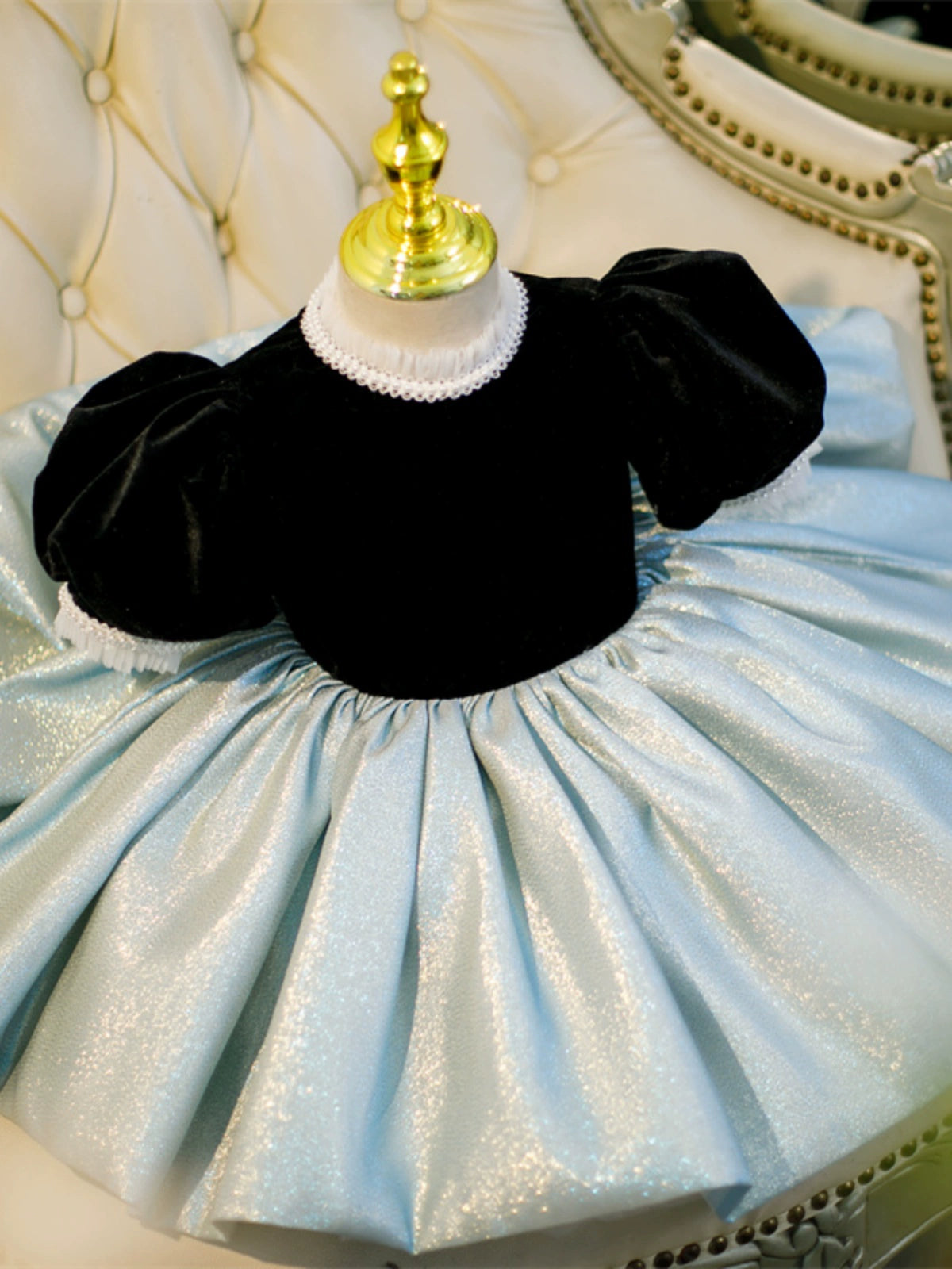 Princess Black Satin Bow / Tie Back Baptism Bow(s) Short Sleeve Puff Sleeve Mock Neck Flower Girl Dress
