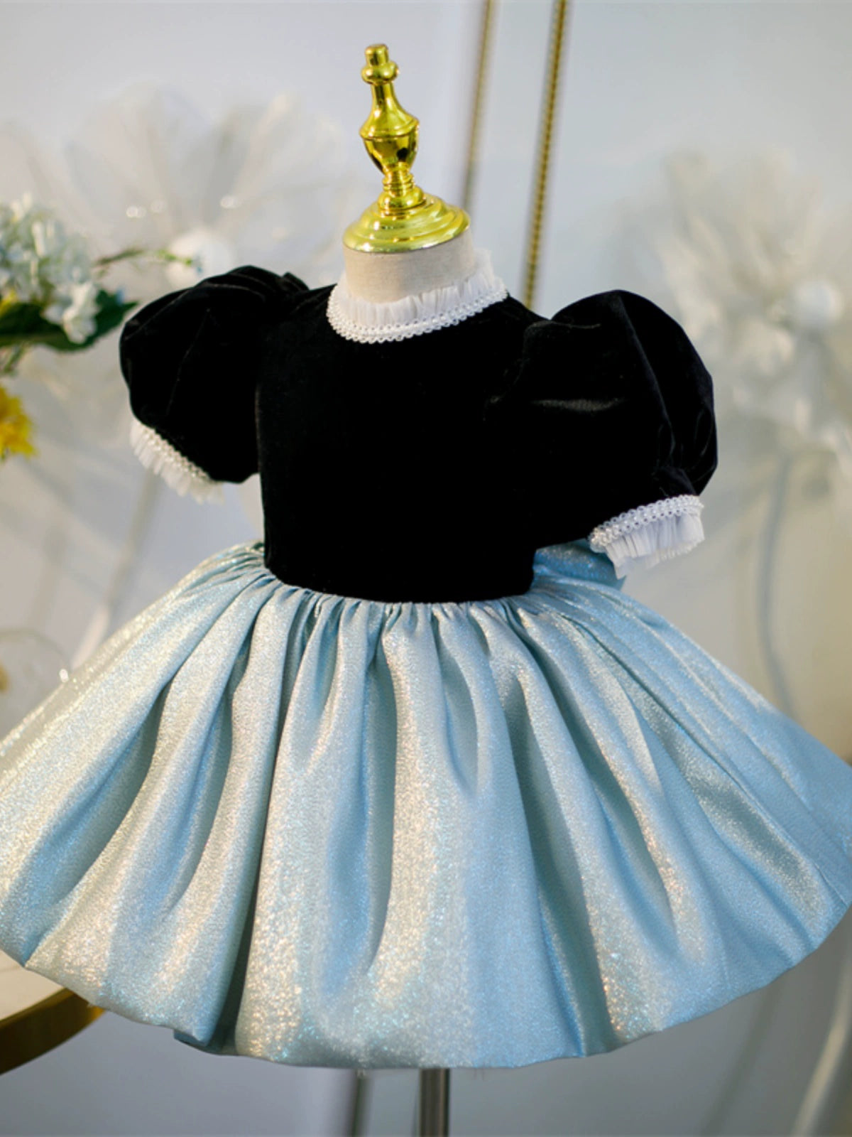 Princess Black Satin Bow / Tie Back Baptism Bow(s) Short Sleeve Puff Sleeve Mock Neck Flower Girl Dress