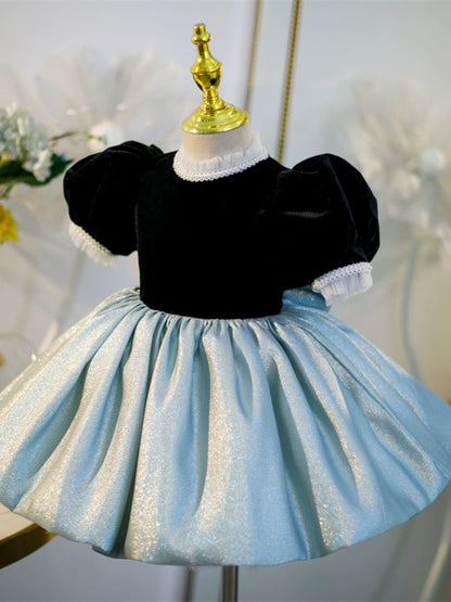 Princess Black Satin Bow / Tie Back Baptism Bow(s) Short Sleeve Puff Sleeve Mock Neck Flower Girl Dress