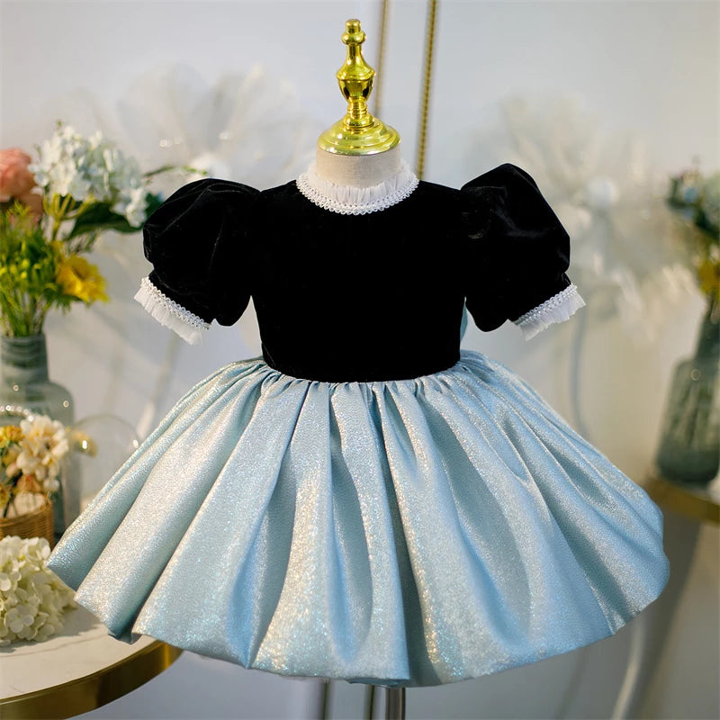 Princess Black Satin Bow / Tie Back Baptism Bow(s) Short Sleeve Puff Sleeve Mock Neck Flower Girl Dress