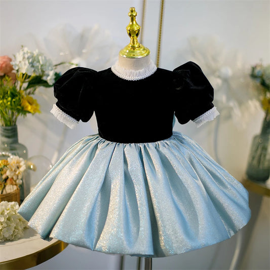 Princess Black Satin Bow / Tie Back Baptism Bow(s) Short Sleeve Puff Sleeve Mock Neck Flower Girl Dress