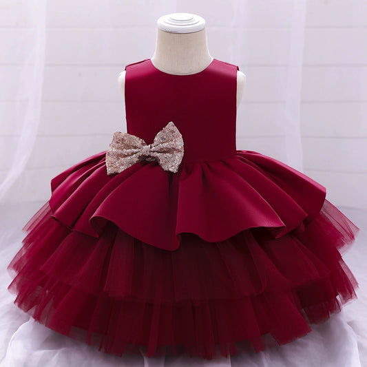 Princess Burgundy Satin Bow / Tie Back Baptism Bow(s) Tea Length Sleeveless Round Flower Girl Dress