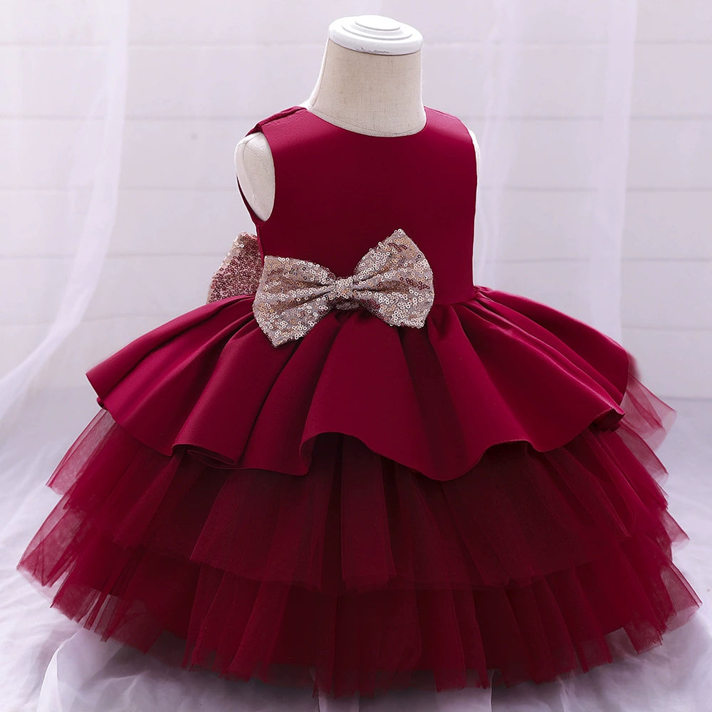 Princess Burgundy Satin Bow / Tie Back Baptism Bow(s) Tea Length Sleeveless Round Flower Girl Dress