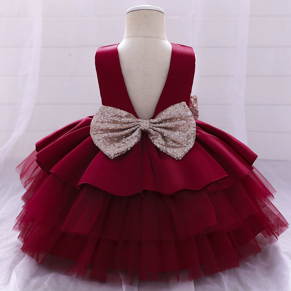 Princess Burgundy Satin Bow / Tie Back Baptism Bow(s) Tea Length Sleeveless Round Flower Girl Dress