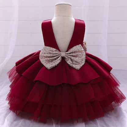 Princess Burgundy Satin Bow / Tie Back Baptism Bow(s) Tea Length Sleeveless Round Flower Girl Dress