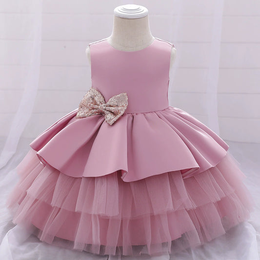 Princess Pink Satin Bow / Tie Back Baptism Bow(s) Tea Length Sleeveless Round Flower Girl Dress