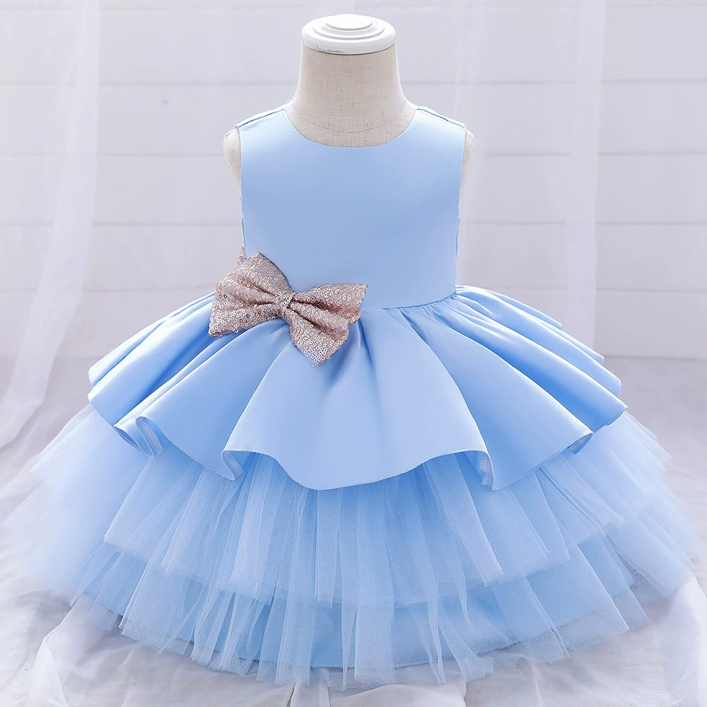 Princess Blue Satin Bow / Tie Back Baptism Bow(s) Tea Length Sleeveless Round Flower Girl Dress