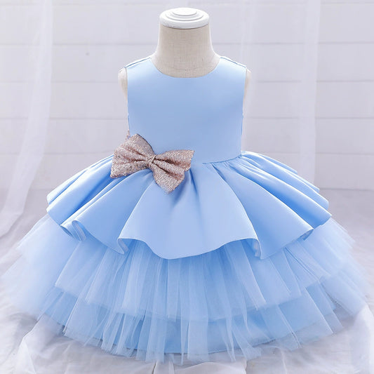 Princess Blue Satin Bow / Tie Back Baptism Bow(s) Tea Length Sleeveless Round Flower Girl Dress