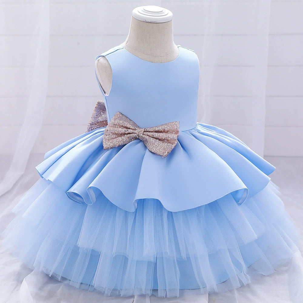 Princess Blue Satin Bow / Tie Back Baptism Bow(s) Tea Length Sleeveless Round Flower Girl Dress
