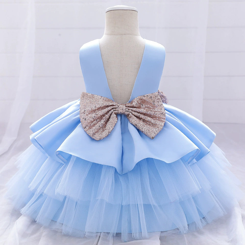 Princess Blue Satin Bow / Tie Back Baptism Bow(s) Tea Length Sleeveless Round Flower Girl Dress