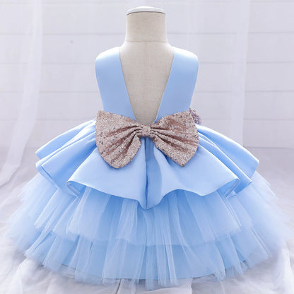 Princess Blue Satin Bow / Tie Back Baptism Bow(s) Tea Length Sleeveless Round Flower Girl Dress
