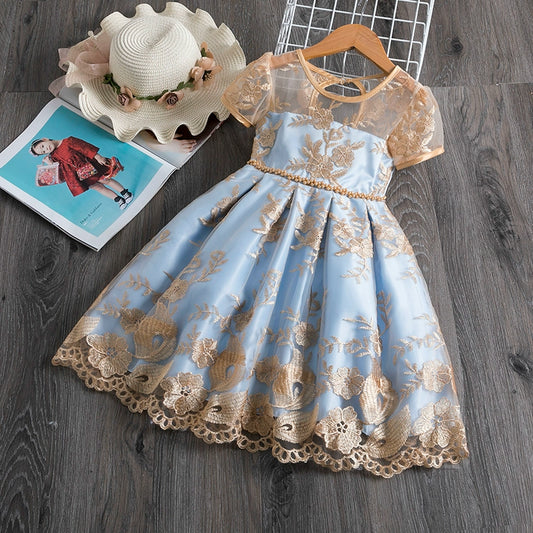 Princess Gold Satin Bow / Tie Back Baptism Lace Tea Length Short Sleeve Boat Neck Flower Girl Dress
