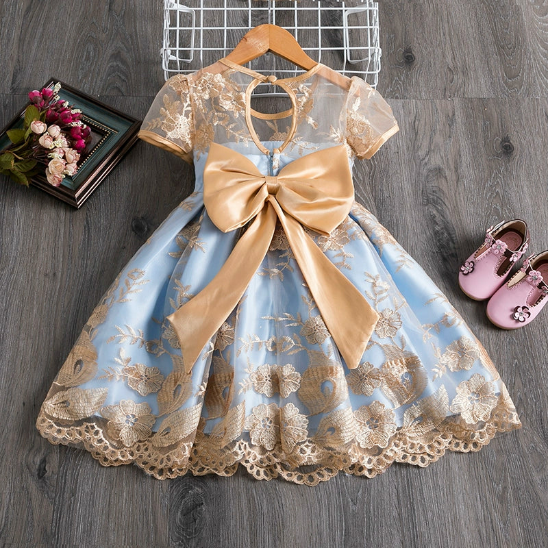 Princess Gold Satin Bow / Tie Back Baptism Lace Tea Length Short Sleeve Boat Neck Flower Girl Dress