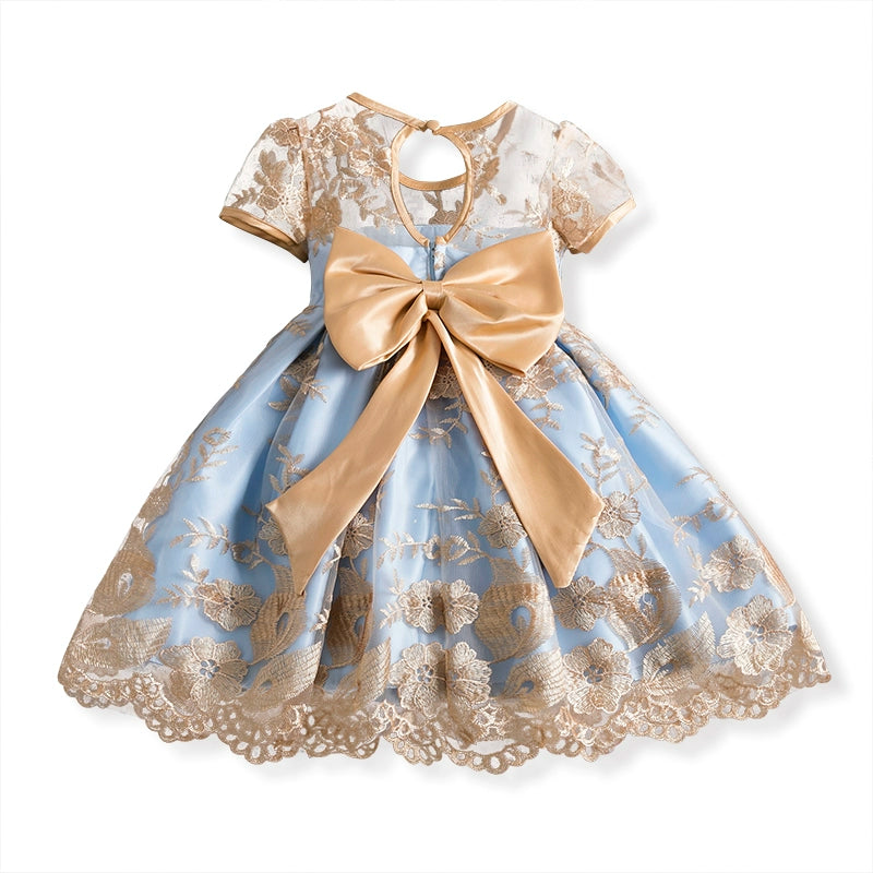 Princess Gold Satin Bow / Tie Back Baptism Lace Tea Length Short Sleeve Boat Neck Flower Girl Dress