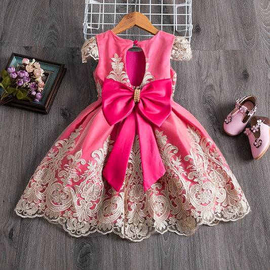 Princess Red Satin Bow / Tie Back Baptism Lace Tea Length Short Sleeve Cap Sleeve Boat Neck Flower Girl Dress