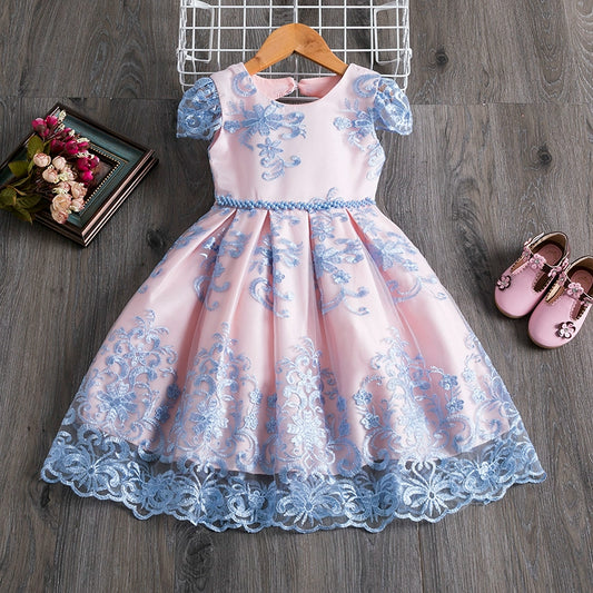 Princess Blue Satin Bow / Tie Back Baptism Lace Tea Length Short Sleeve Cap Sleeve Boat Neck Flower Girl Dress