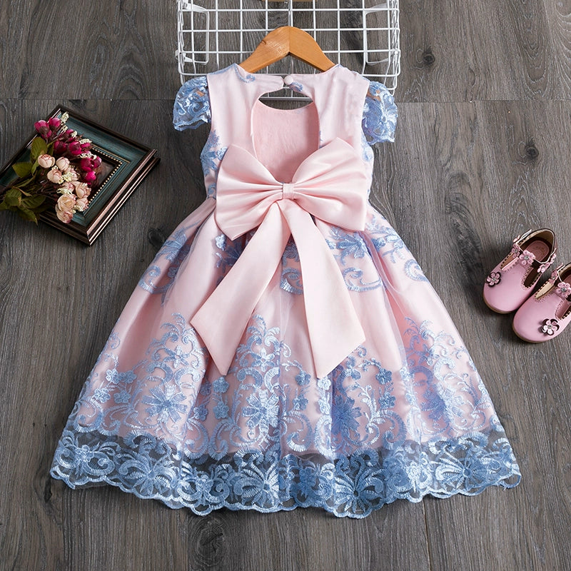 Princess Blue Satin Bow / Tie Back Baptism Lace Tea Length Short Sleeve Cap Sleeve Boat Neck Flower Girl Dress