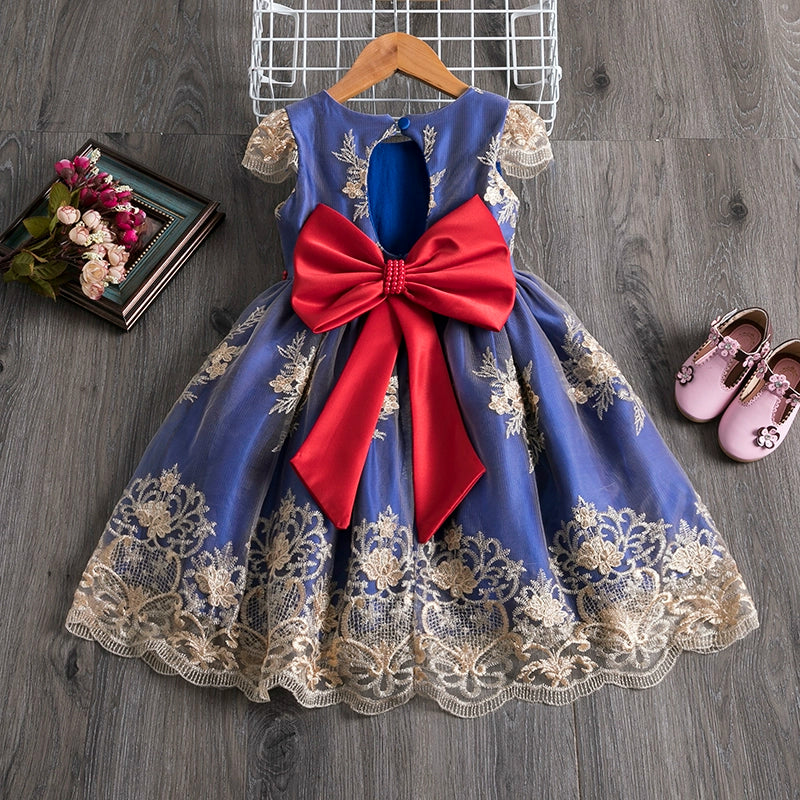 Princess Blue Satin Bow / Tie Back Baptism Lace Tea Length Short Sleeve Cap Sleeve Boat Neck Flower Girl Dress