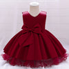 Princess Round Tea Length Satin Flower Girl Dress in Burgundy