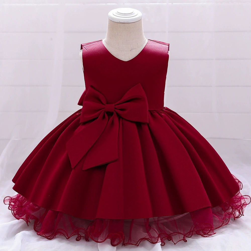 Princess Burgundy Satin Bow / Tie Back Baptism Lace Tea Length Sleeveless Round Flower Girl Dress