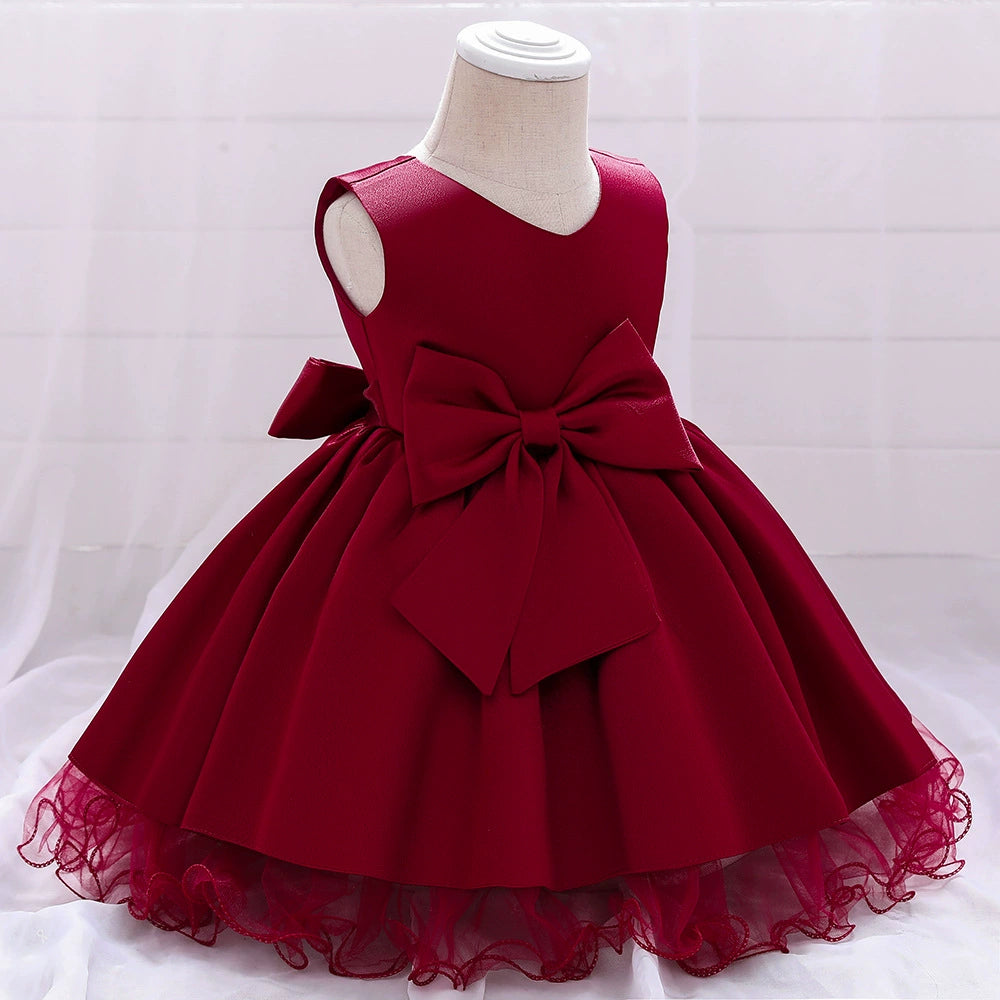 Princess Burgundy Satin Bow / Tie Back Baptism Lace Tea Length Sleeveless Round Flower Girl Dress