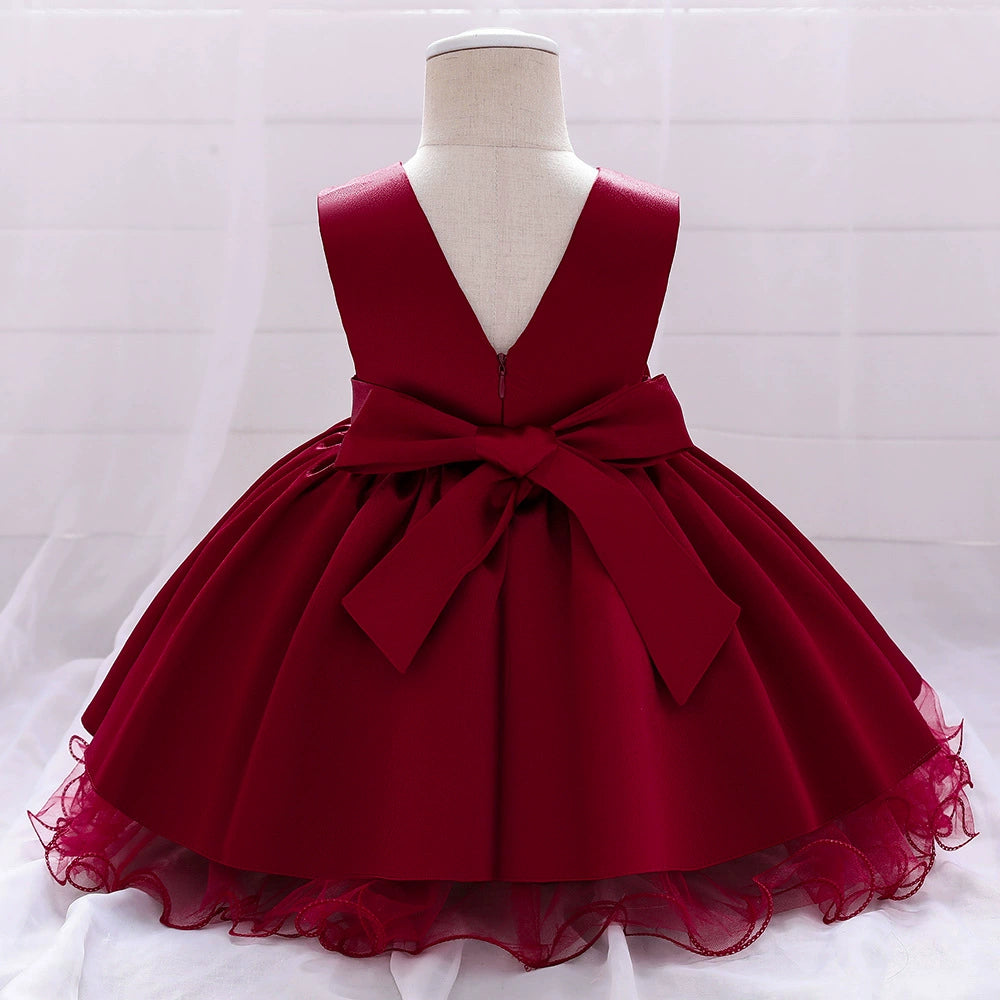 Princess Burgundy Satin Bow / Tie Back Baptism Lace Tea Length Sleeveless Round Flower Girl Dress