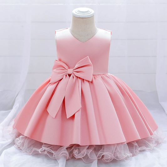 Princess Pink Satin Bow / Tie Back Baptism Lace Tea Length Sleeveless Round Flower Girl Dress