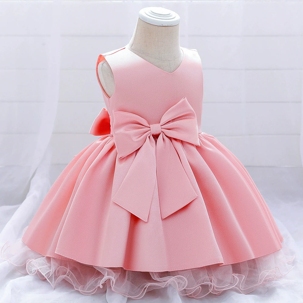 Princess Pink Satin Bow / Tie Back Baptism Lace Tea Length Sleeveless Round Flower Girl Dress