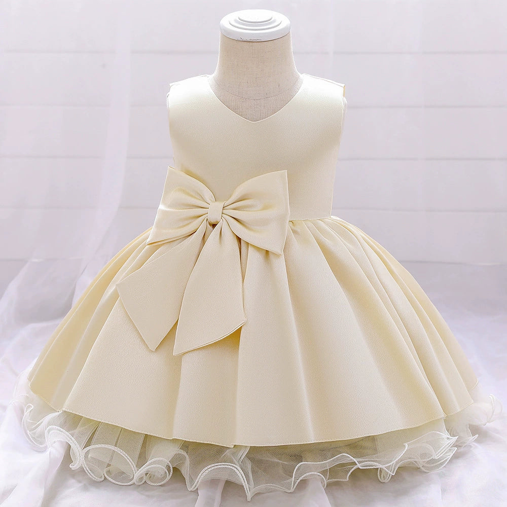 Princess Champagne Satin Bow / Tie Back Baptism Lace Tea Length Sleeveless Round Flower Girl Dress