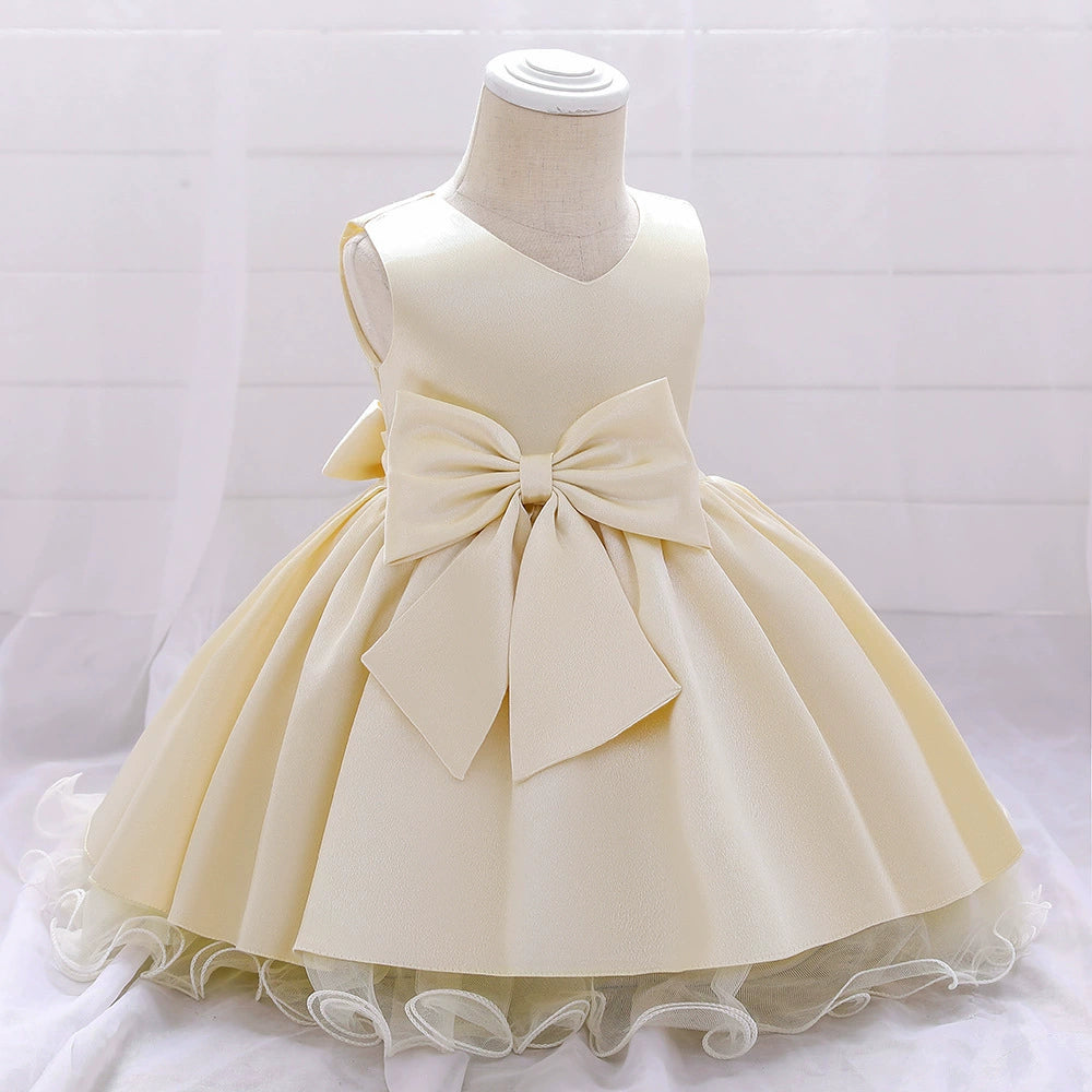 Princess Champagne Satin Bow / Tie Back Baptism Lace Tea Length Sleeveless Round Flower Girl Dress