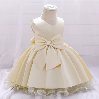 Princess Champagne Satin Bow / Tie Back Baptism Lace Tea Length Sleeveless Round Flower Girl Dress
