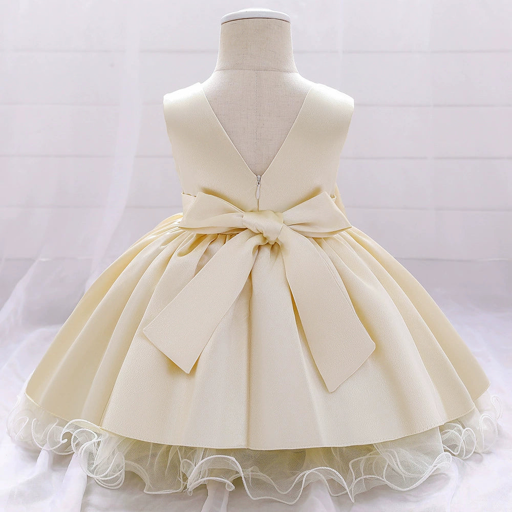 Princess Champagne Satin Bow / Tie Back Baptism Lace Tea Length Sleeveless Round Flower Girl Dress