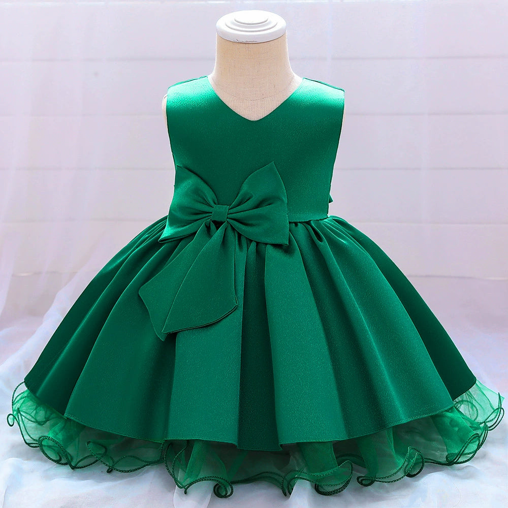 Princess Green Satin Bow / Tie Back Baptism Lace Tea Length Sleeveless Round Flower Girl Dress