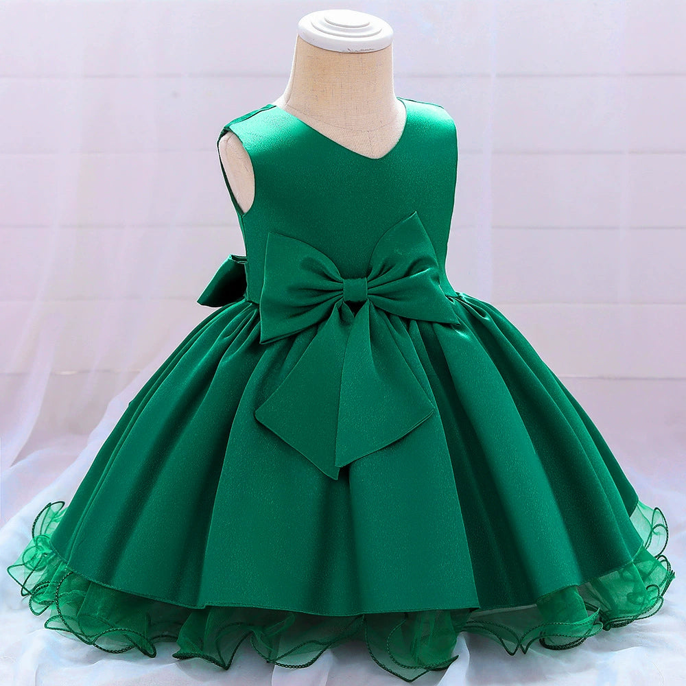 Princess Green Satin Bow / Tie Back Baptism Lace Tea Length Sleeveless Round Flower Girl Dress