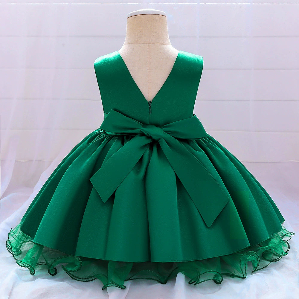 Princess Green Satin Bow / Tie Back Baptism Lace Tea Length Sleeveless Round Flower Girl Dress
