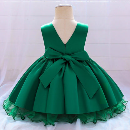 Princess Green Satin Bow / Tie Back Baptism Lace Tea Length Sleeveless Round Flower Girl Dress