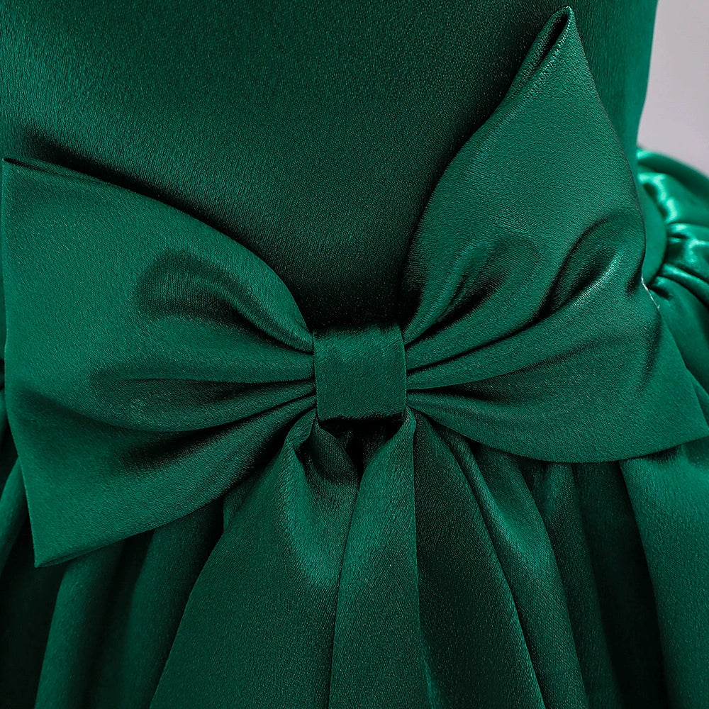 Princess Green Satin Bow / Tie Back Baptism Lace Tea Length Sleeveless Round Flower Girl Dress