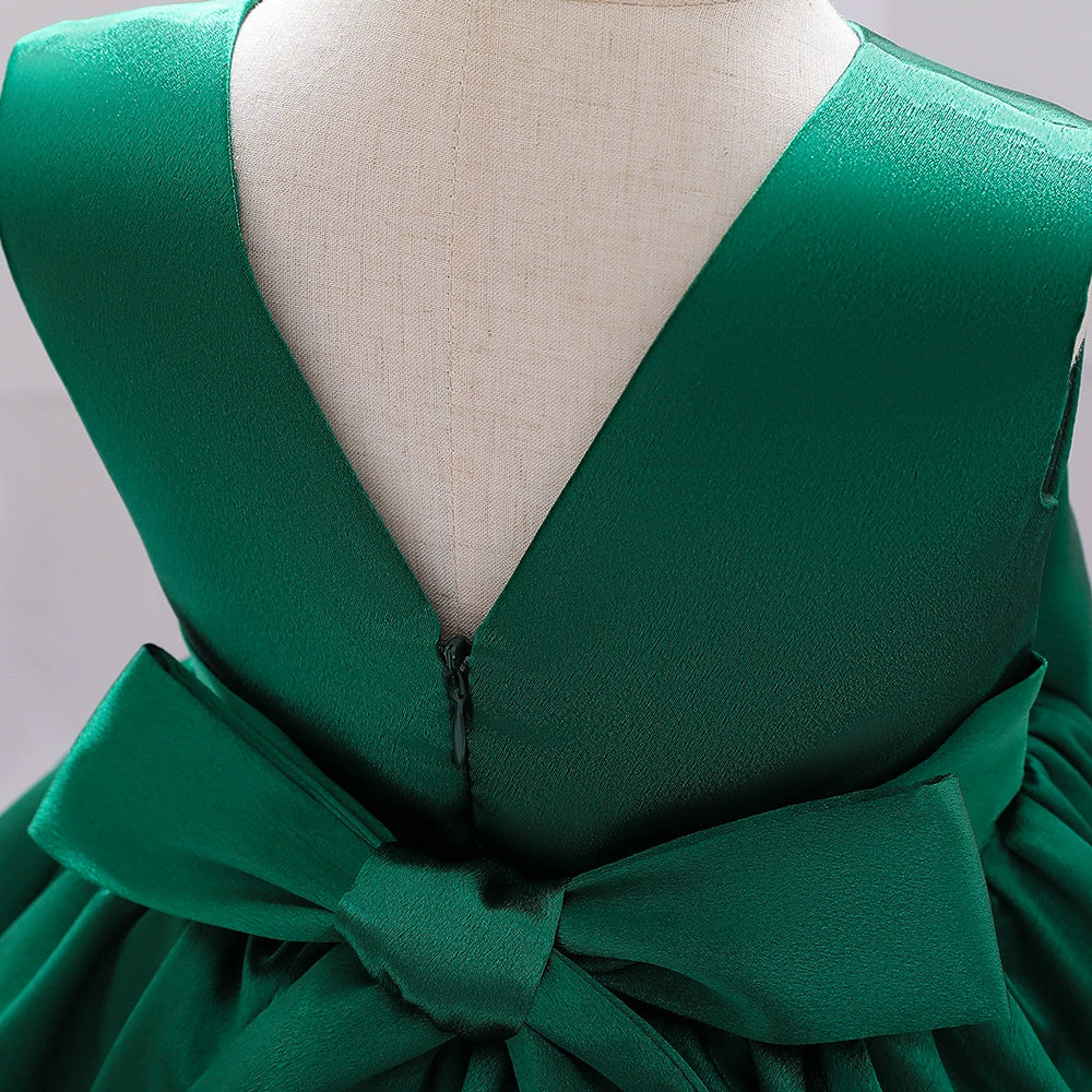 Princess Green Satin Bow / Tie Back Baptism Lace Tea Length Sleeveless Round Flower Girl Dress