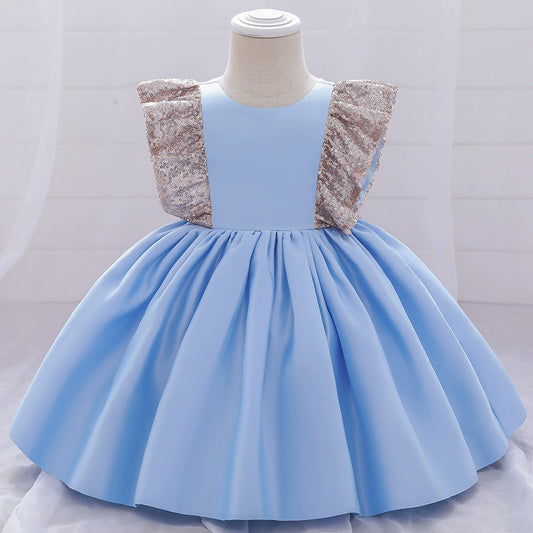 Princess Blue Satin Bow / Tie Back Baptism Sequins Tea Length Sleeveless Cap Sleeve Round Flower Girl Dress